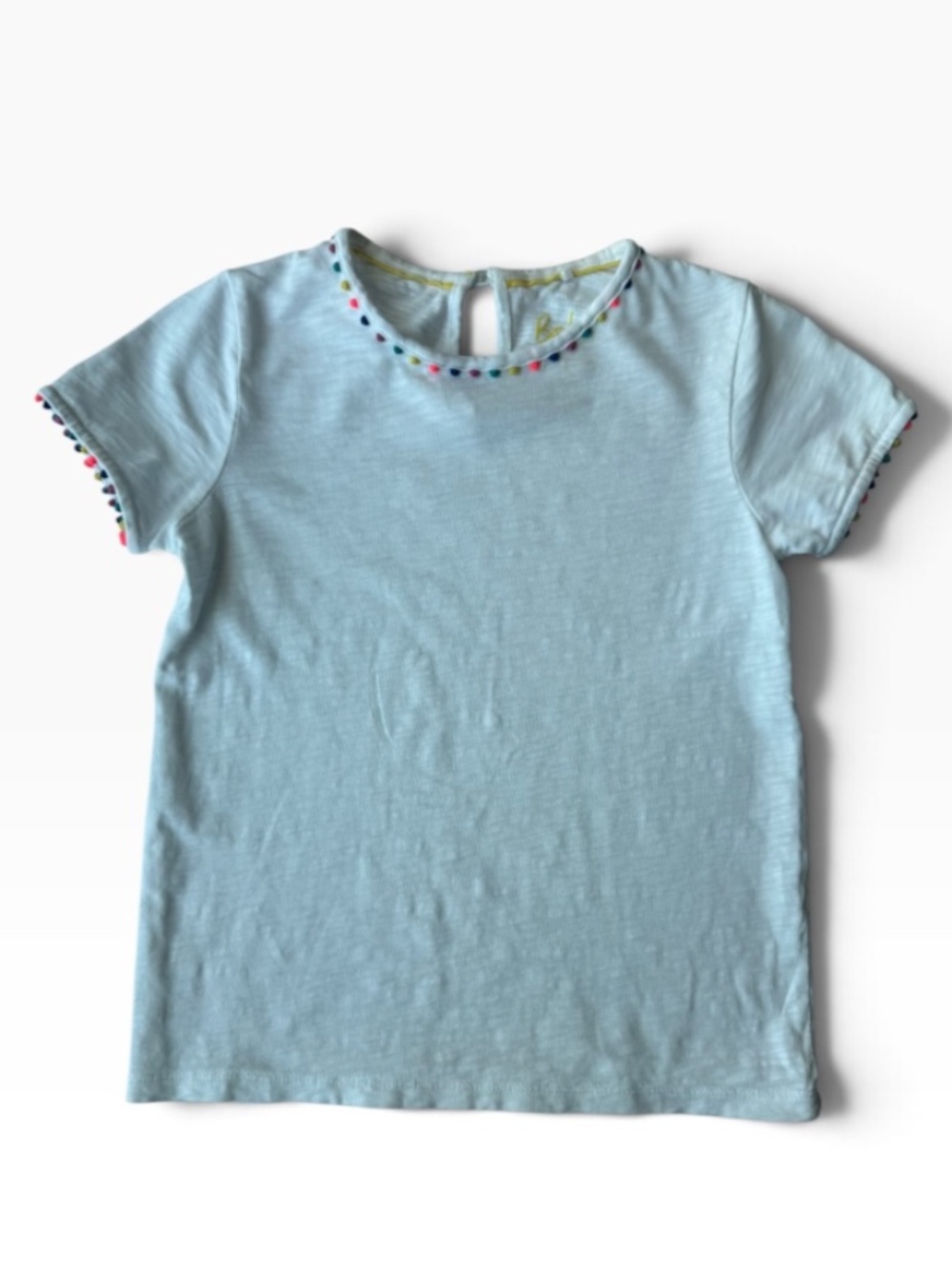 Mini Boden Girls White Short Sleeve Rainbow Pom-Pom Trim Top Size 8-9 Years